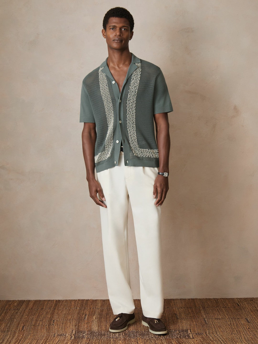 | Ché Beaded Crochet Shirt in Sage | Reiss Men Featured