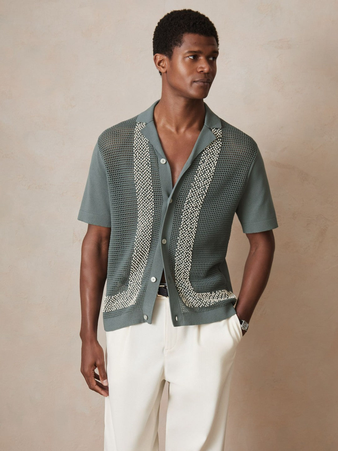 | Ché Beaded Crochet Shirt in Sage | Reiss Men Featured
