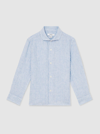 13-14 yrs Linen Cutaway Collar Shirt in Blue/White Stripe | Reiss Children & Baby Signature