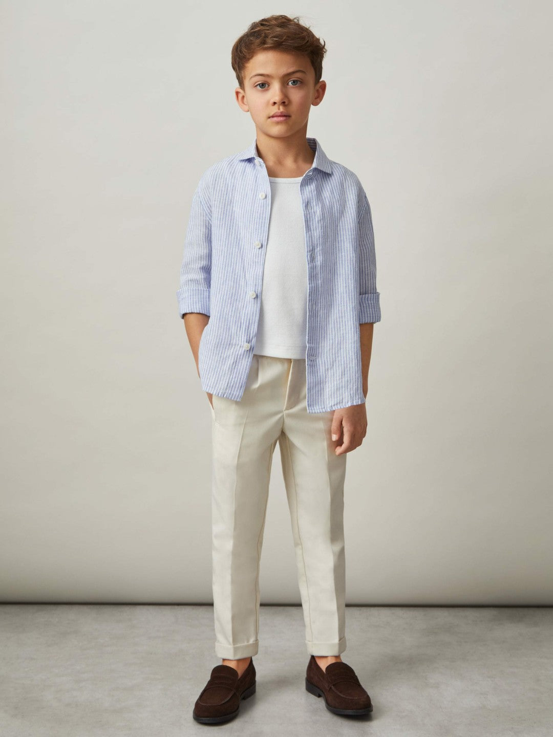 13-14 yrs Linen Cutaway Collar Shirt in Blue/White Stripe | Reiss Children & Baby Signature