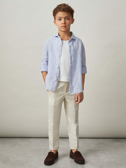 13-14 yrs Linen Cutaway Collar Shirt in Blue/White Stripe | Reiss Children & Baby Signature