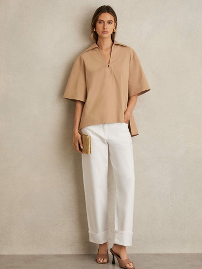 Cotton Blend Craft Stitch Collared Top in Camel | Reiss Women Popular