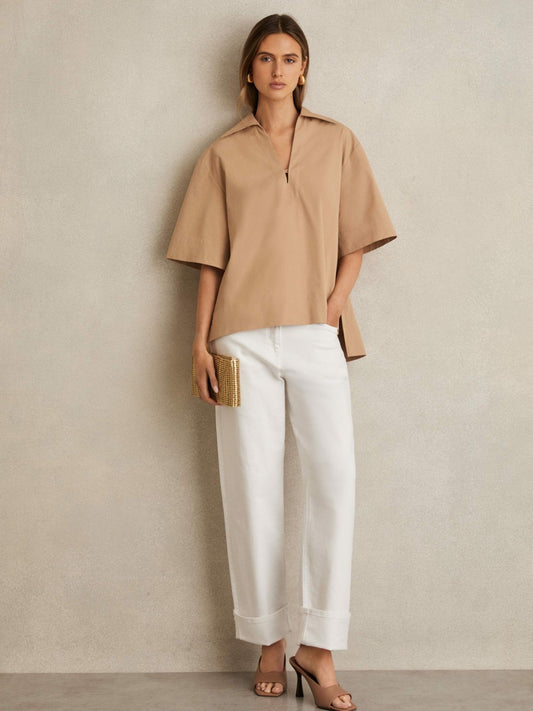 Cotton Blend Craft Stitch Collared Top in Camel | Reiss Women Popular