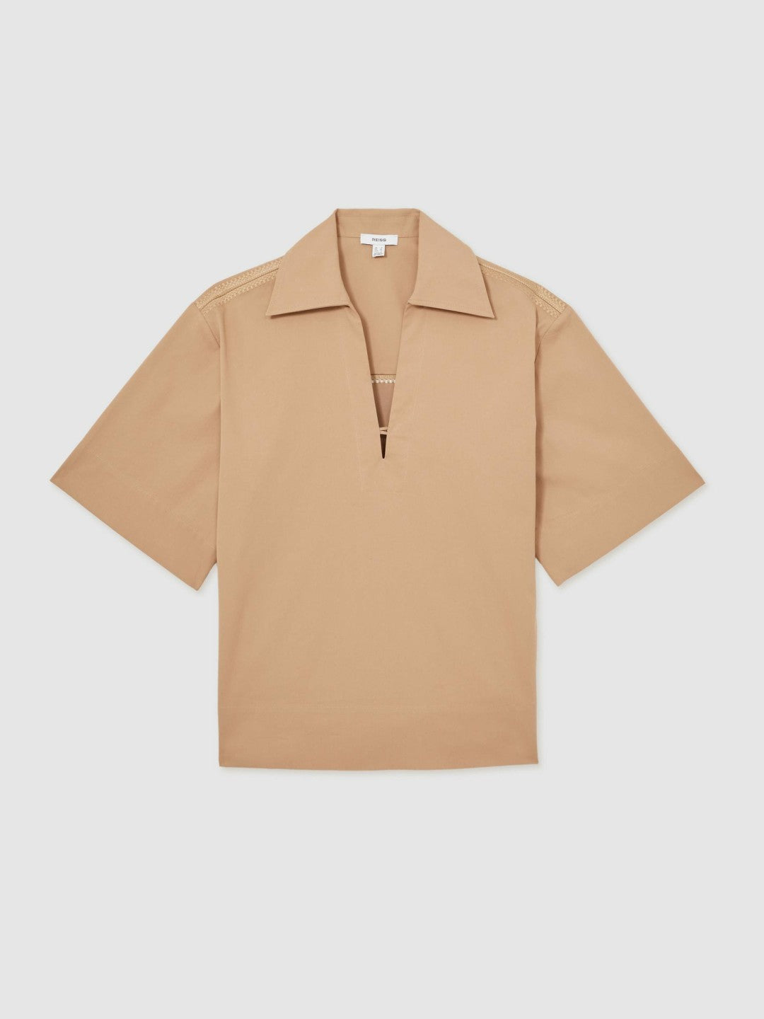 Cotton Blend Craft Stitch Collared Top in Camel | Reiss Women Popular
