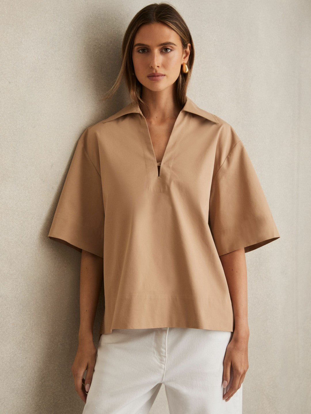 Cotton Blend Craft Stitch Collared Top in Camel | Reiss Women Popular