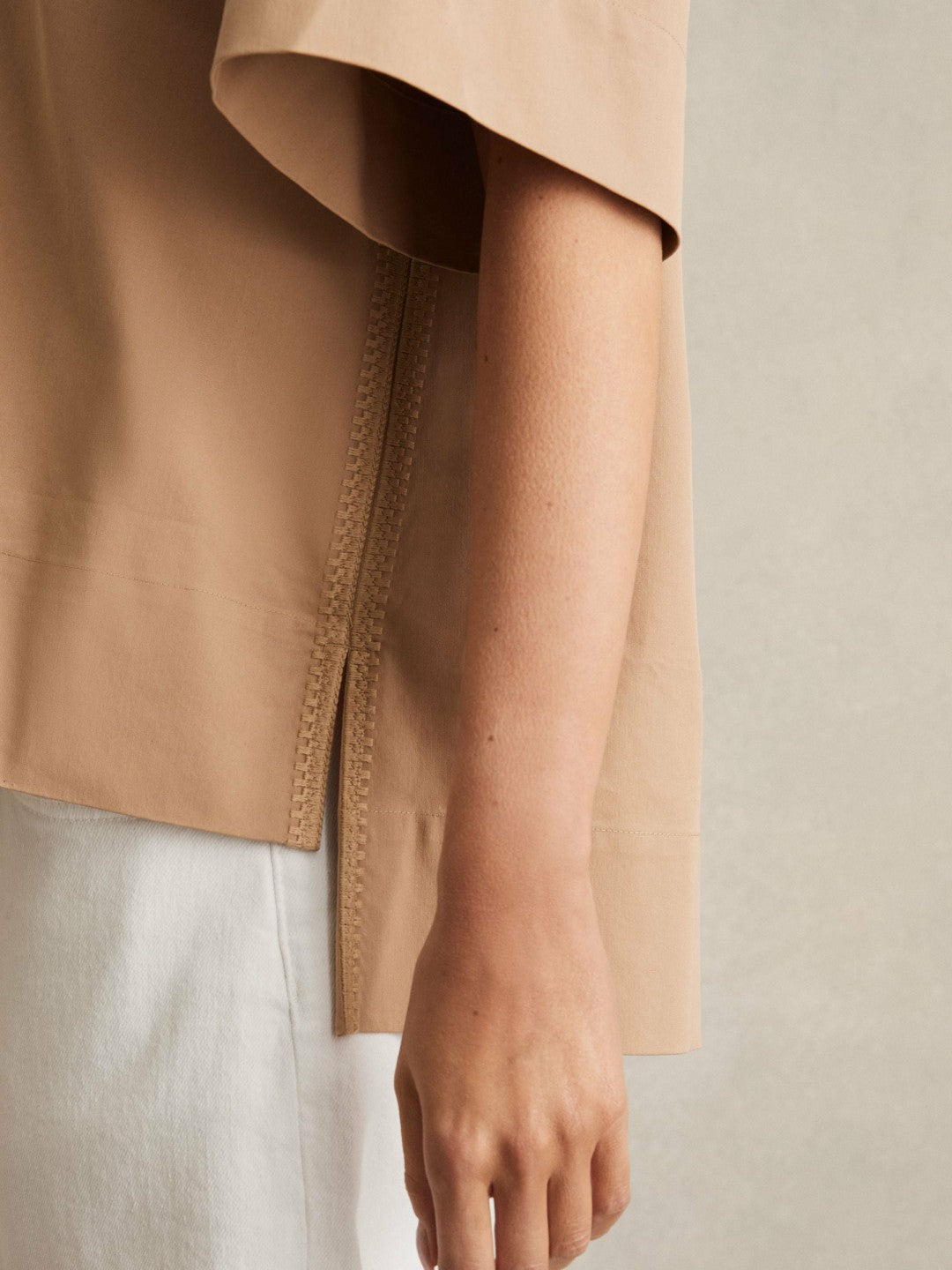 Cotton Blend Craft Stitch Collared Top in Camel | Reiss Women Popular