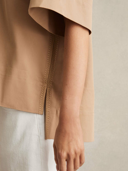 Cotton Blend Craft Stitch Collared Top in Camel | Reiss Women Popular