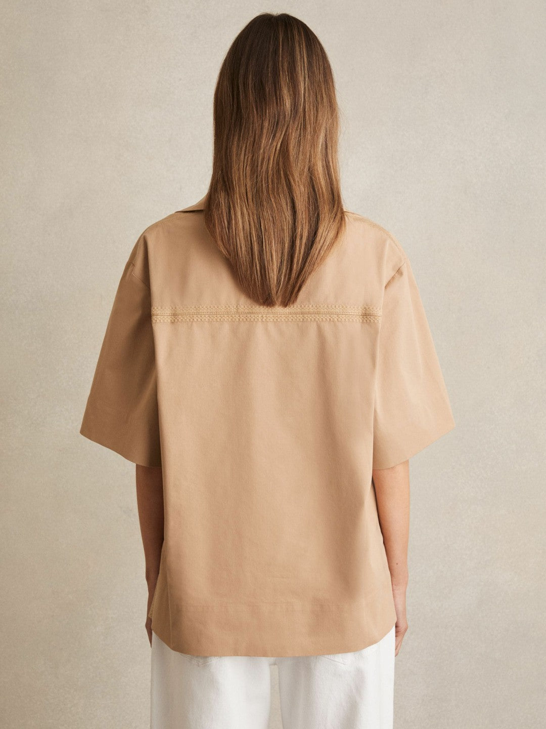 Cotton Blend Craft Stitch Collared Top in Camel | Reiss Women Popular