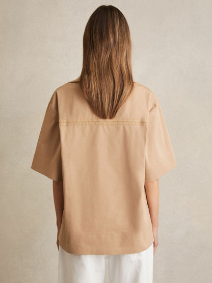 Cotton Blend Craft Stitch Collared Top in Camel | Reiss Women Popular