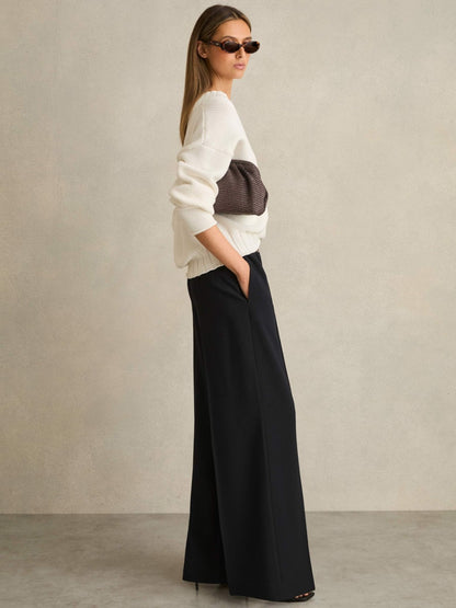 Petite Wide-Leg Elasticated-Waist Trousers in Navy | Reiss Women New