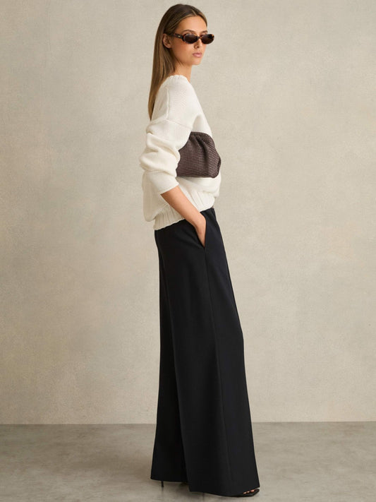 Petite Wide-Leg Elasticated-Waist Trousers in Navy | Reiss Women New