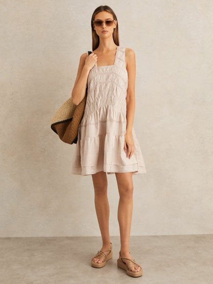 Shirred Ruffle Hem Mini Dress in Neutral | Reiss Women New