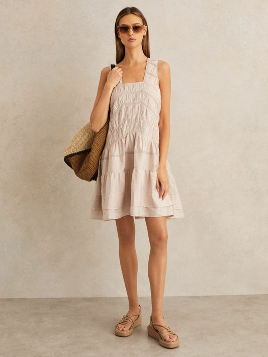 Shirred Ruffle Hem Mini Dress in Neutral | Reiss Women New