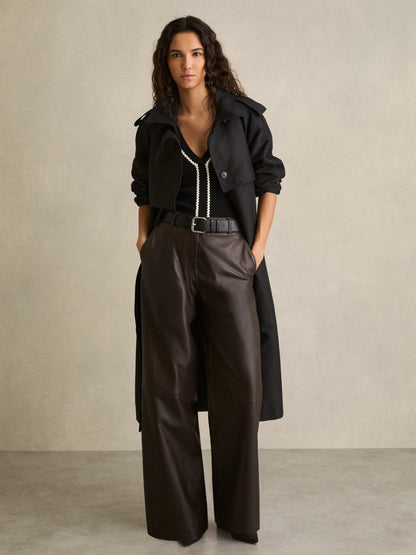 Petite Leather Wide Leg Trousers in Chocolate | Reiss Women Signature