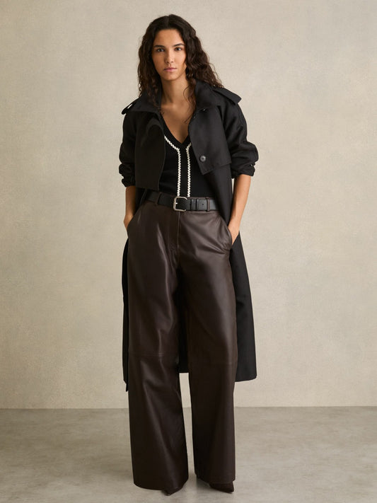 Petite Leather Wide Leg Trousers in Chocolate | Reiss Women Signature
