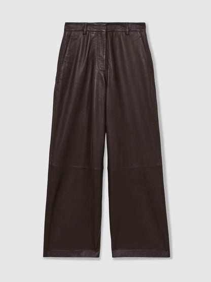 Petite Leather Wide Leg Trousers in Chocolate | Reiss Women Signature