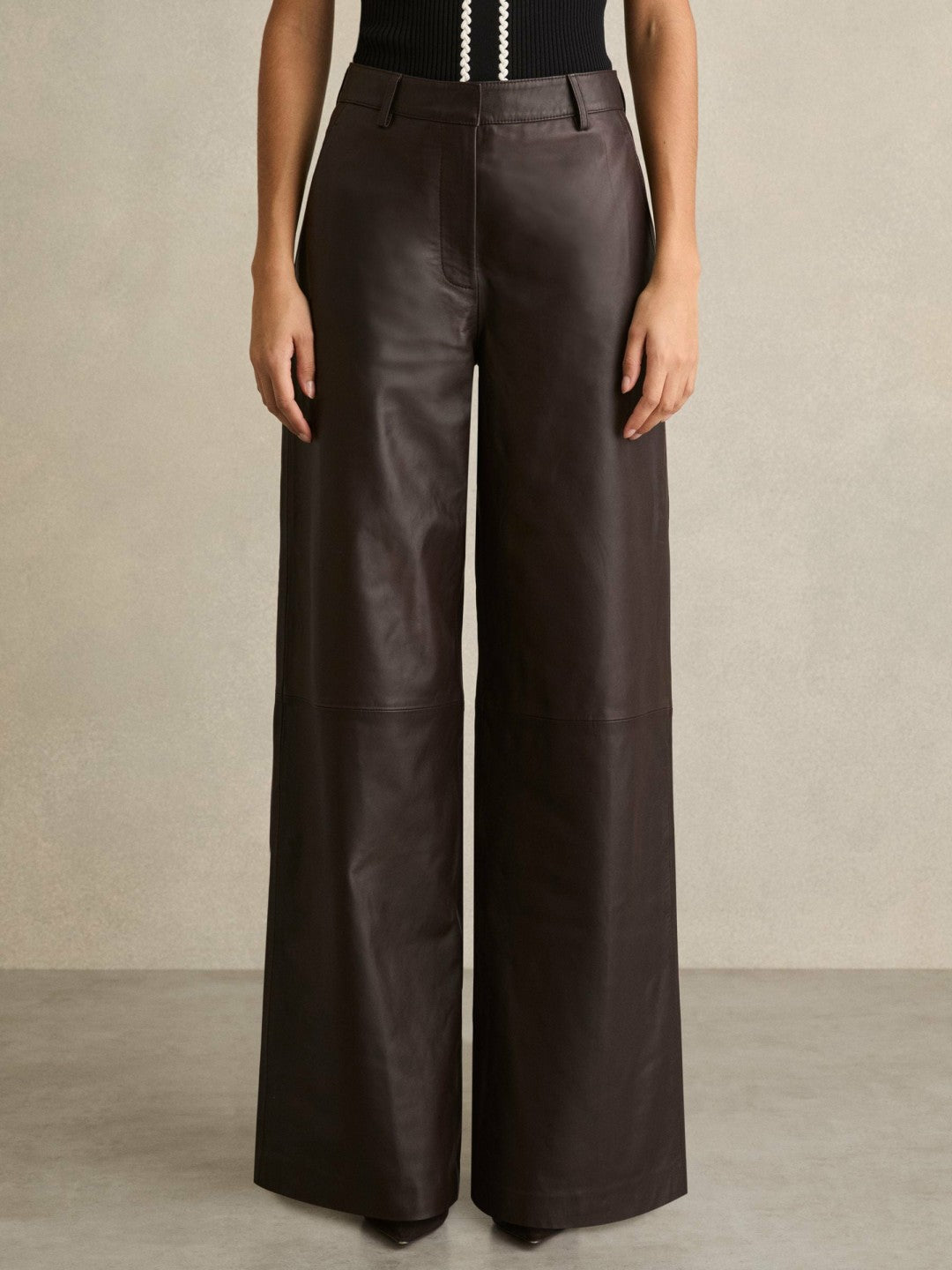 Petite Leather Wide Leg Trousers in Chocolate | Reiss Women Signature