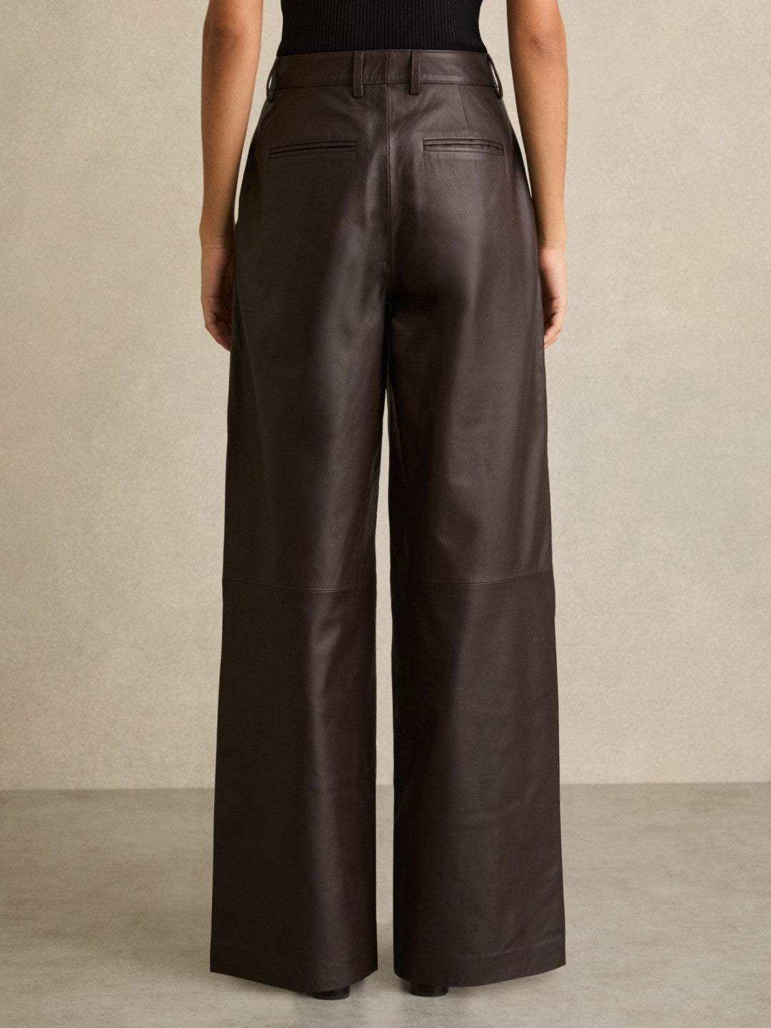 Petite Leather Wide Leg Trousers in Chocolate | Reiss Women Signature