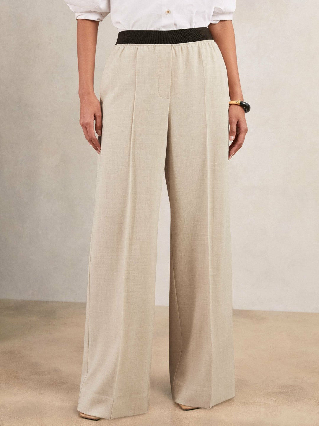 Petite Wide-Leg Elasticated-Waist Trousers in Neutral | Reiss Women Best Seller