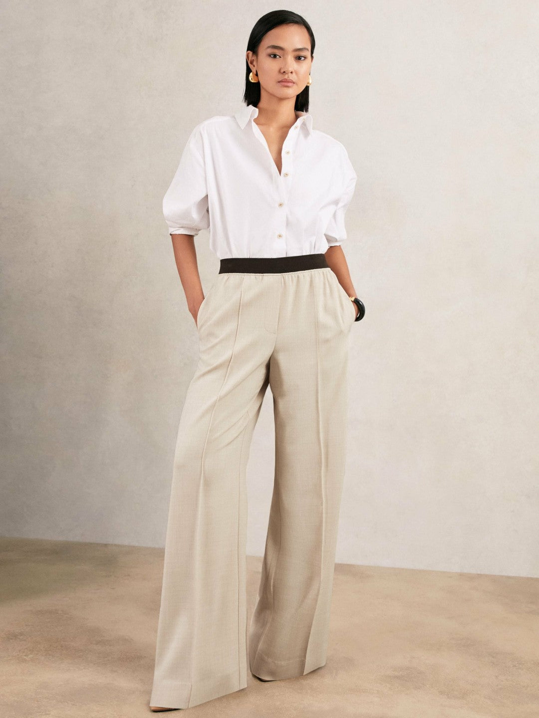 Petite Wide-Leg Elasticated-Waist Trousers in Neutral | Reiss Women Best Seller