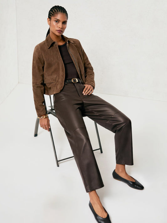 Petite Leather Slim-Leg Trousers in Chocolate | Reiss Women Recommended