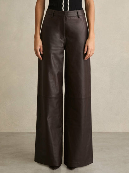 Leather Wide Leg Trousers in Chocolate | Reiss Women Popular
