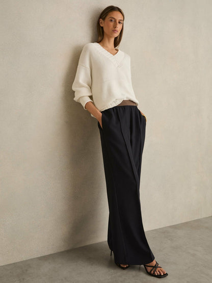 Wide-Leg Elasticated-Waist Trousers in Navy | Reiss Women Best Seller