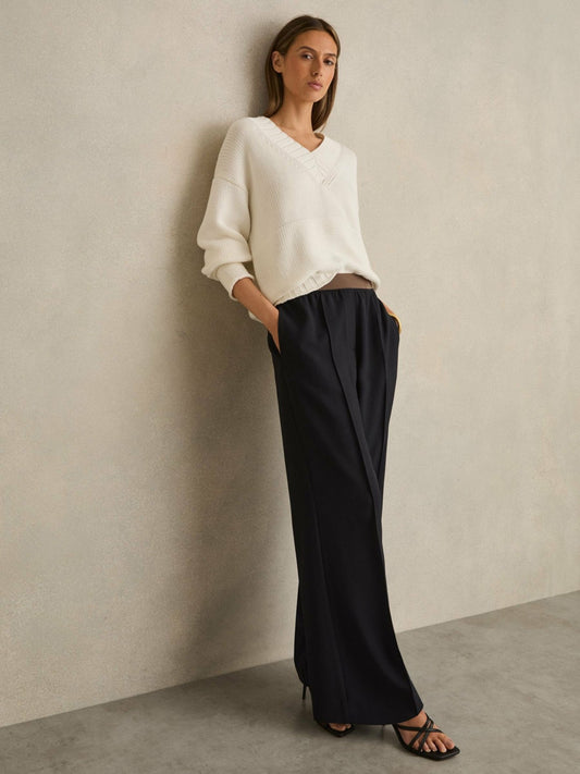 Wide-Leg Elasticated-Waist Trousers in Navy | Reiss Women Best Seller