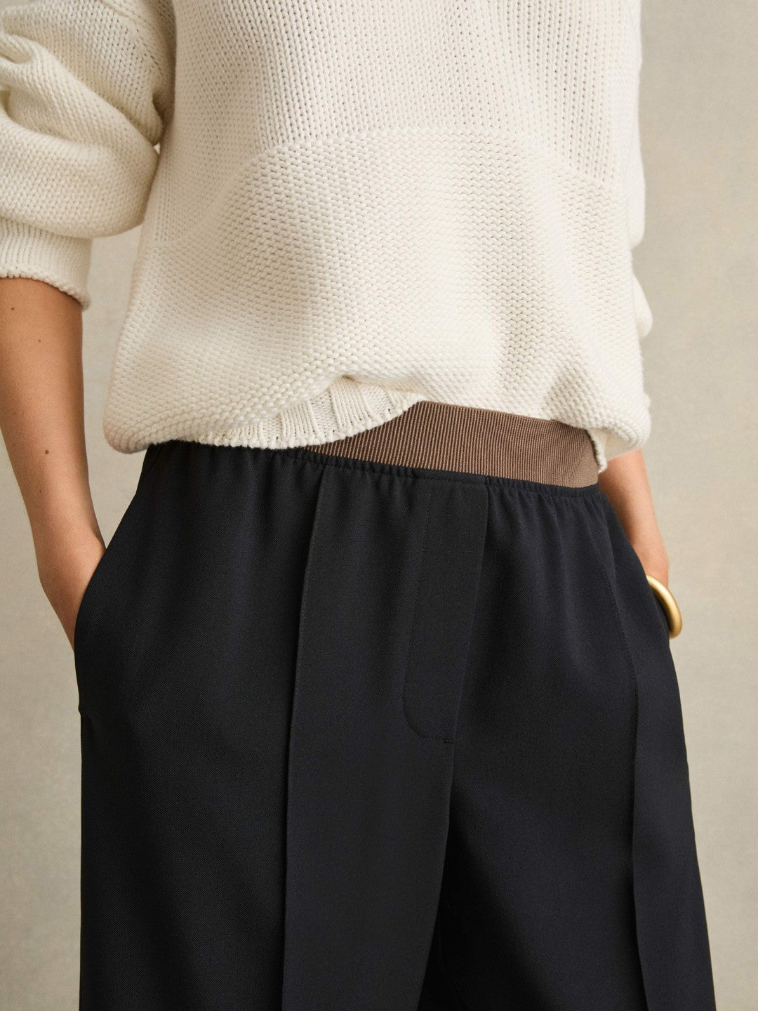 Wide-Leg Elasticated-Waist Trousers in Navy | Reiss Women Best Seller