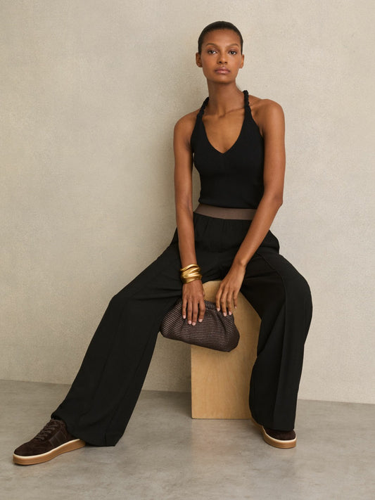 Petite Wide-Leg Elasticated-Waist Trousers in Black | Reiss Women Best Seller