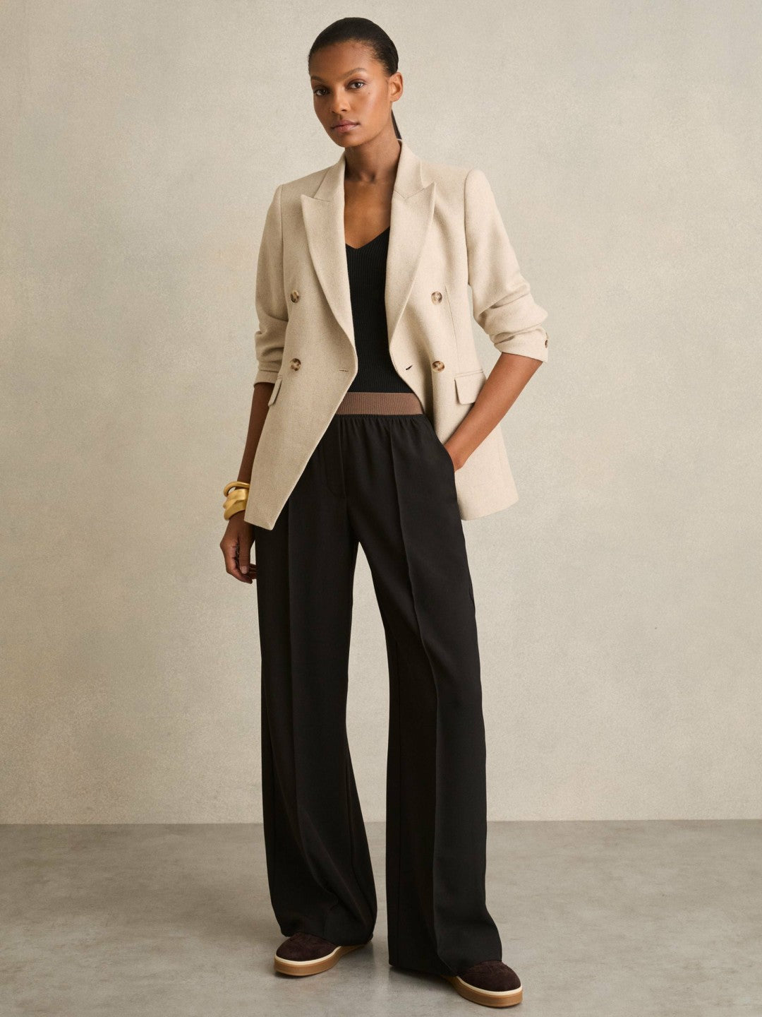 Wide-Leg Elasticated-Waist Trousers in Black | Reiss Women Premium