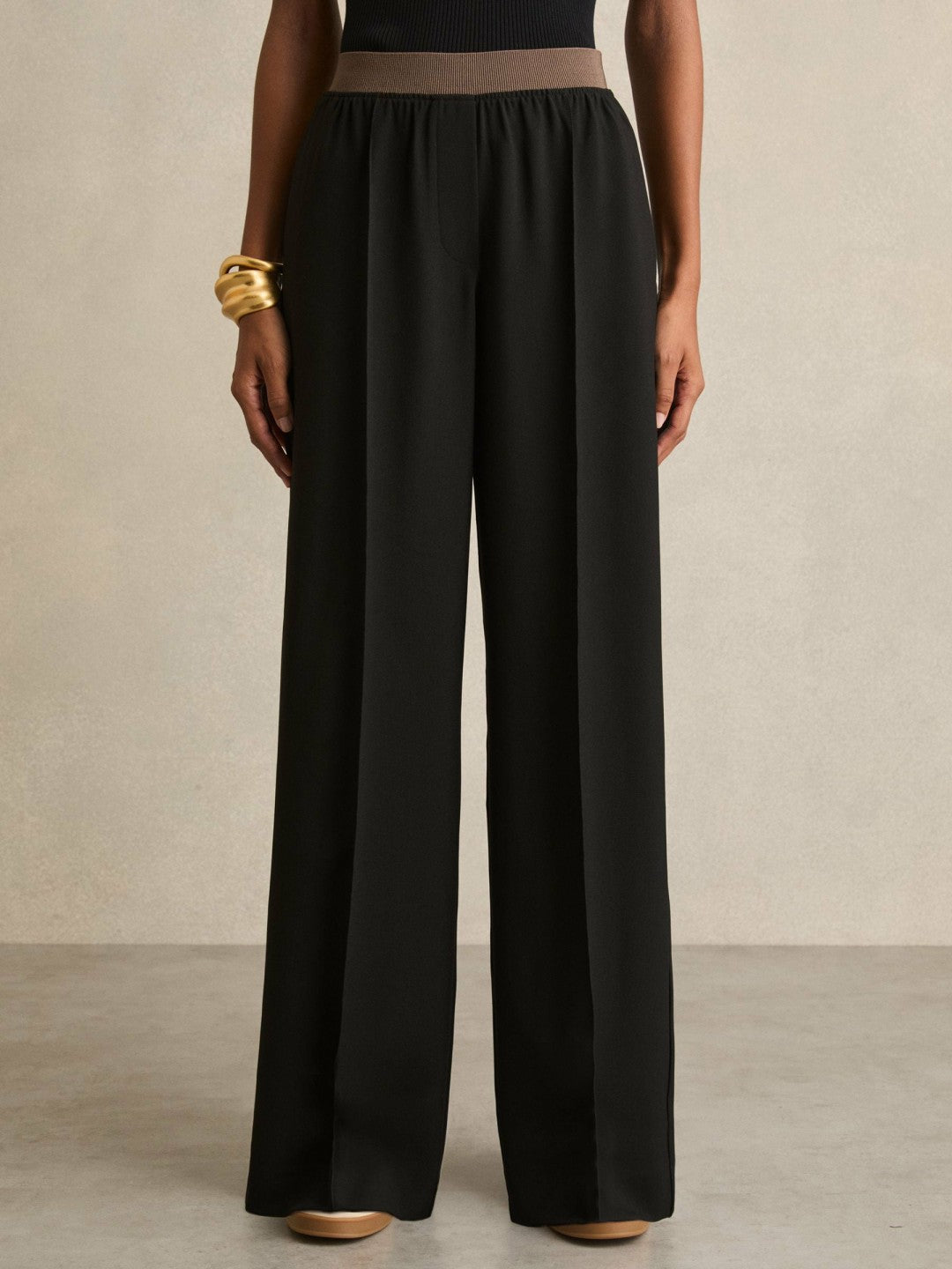 Wide-Leg Elasticated-Waist Trousers in Black | Reiss Women Premium