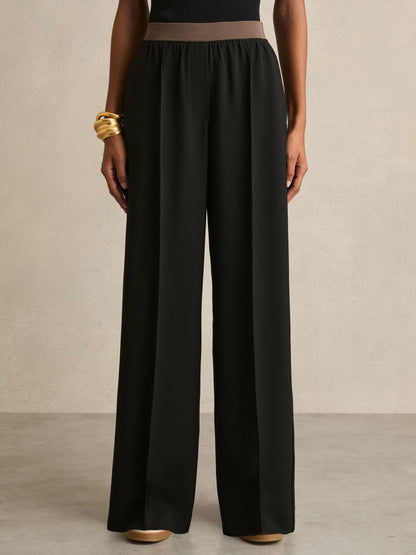 Wide-Leg Elasticated-Waist Trousers in Black | Reiss Women Premium
