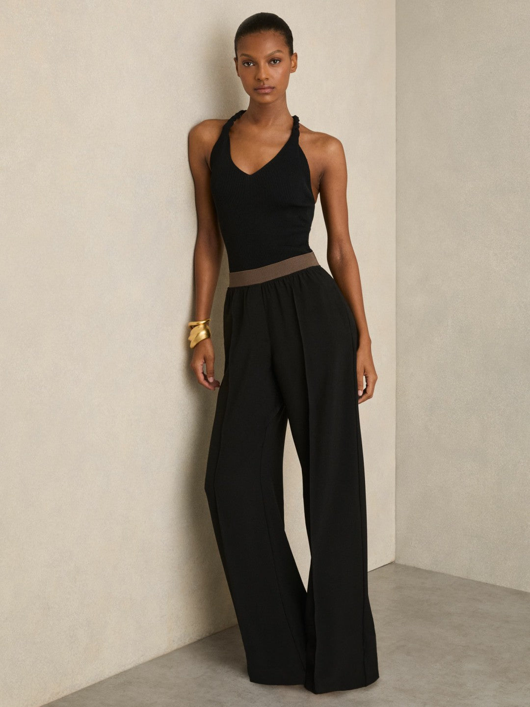 Wide-Leg Elasticated-Waist Trousers in Black | Reiss Women Premium