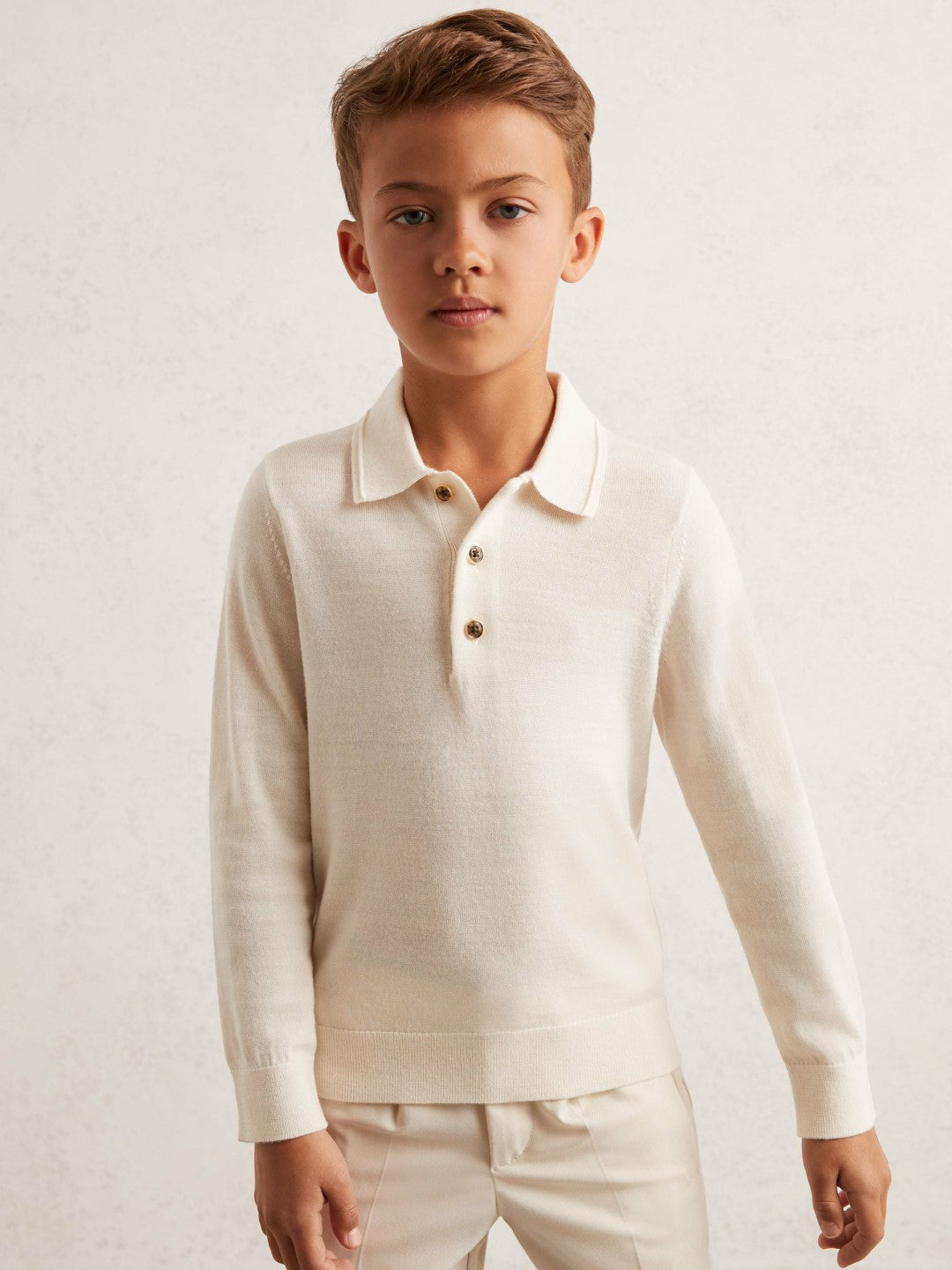 9-13 yrs Merino Wool Long-Sleeve Polo Shirt in Snow | Reiss Children & Baby New