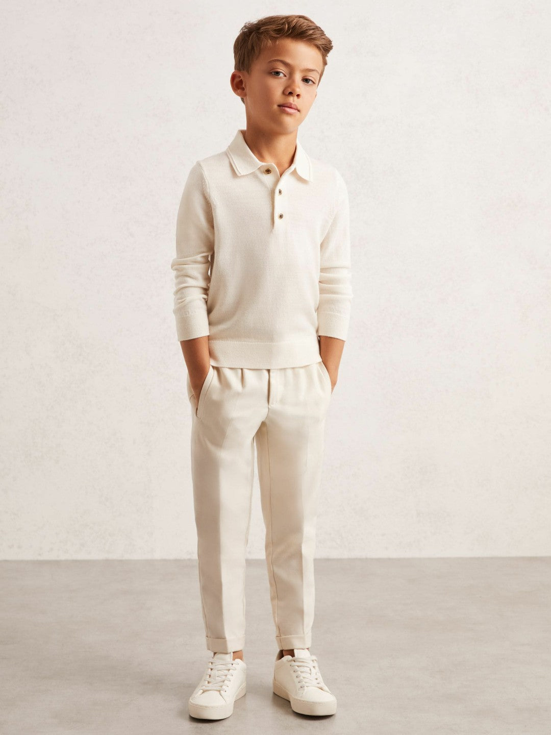 9-13 yrs Merino Wool Long-Sleeve Polo Shirt in Snow | Reiss Children & Baby New