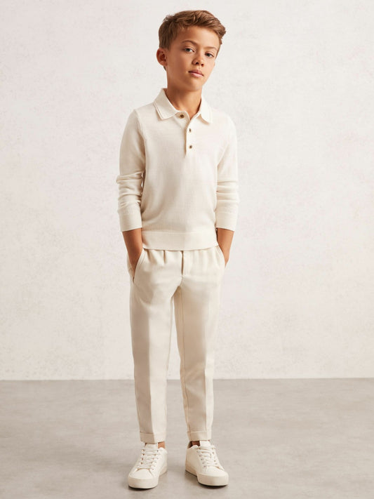 4-9 yrs Merino Wool Long-Sleeve Polo Shirt in Snow | Reiss Children & Baby Exclusive