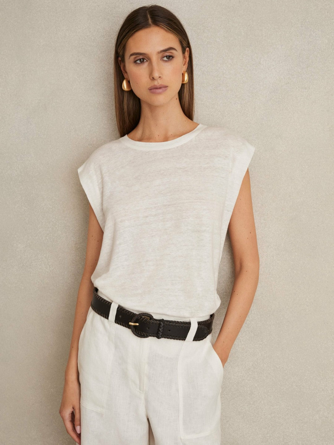 Linen Cap-Sleeve T-Shirt in White | Reiss Women Signature