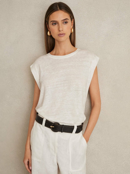 Linen Cap-Sleeve T-Shirt in White | Reiss Women Signature