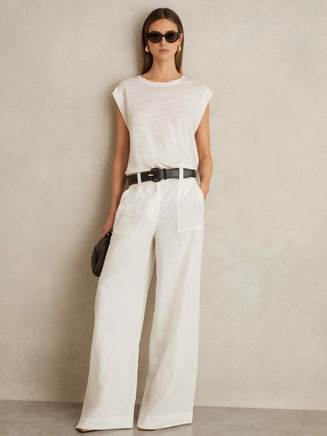 Linen Cap-Sleeve T-Shirt in White | Reiss Women Signature