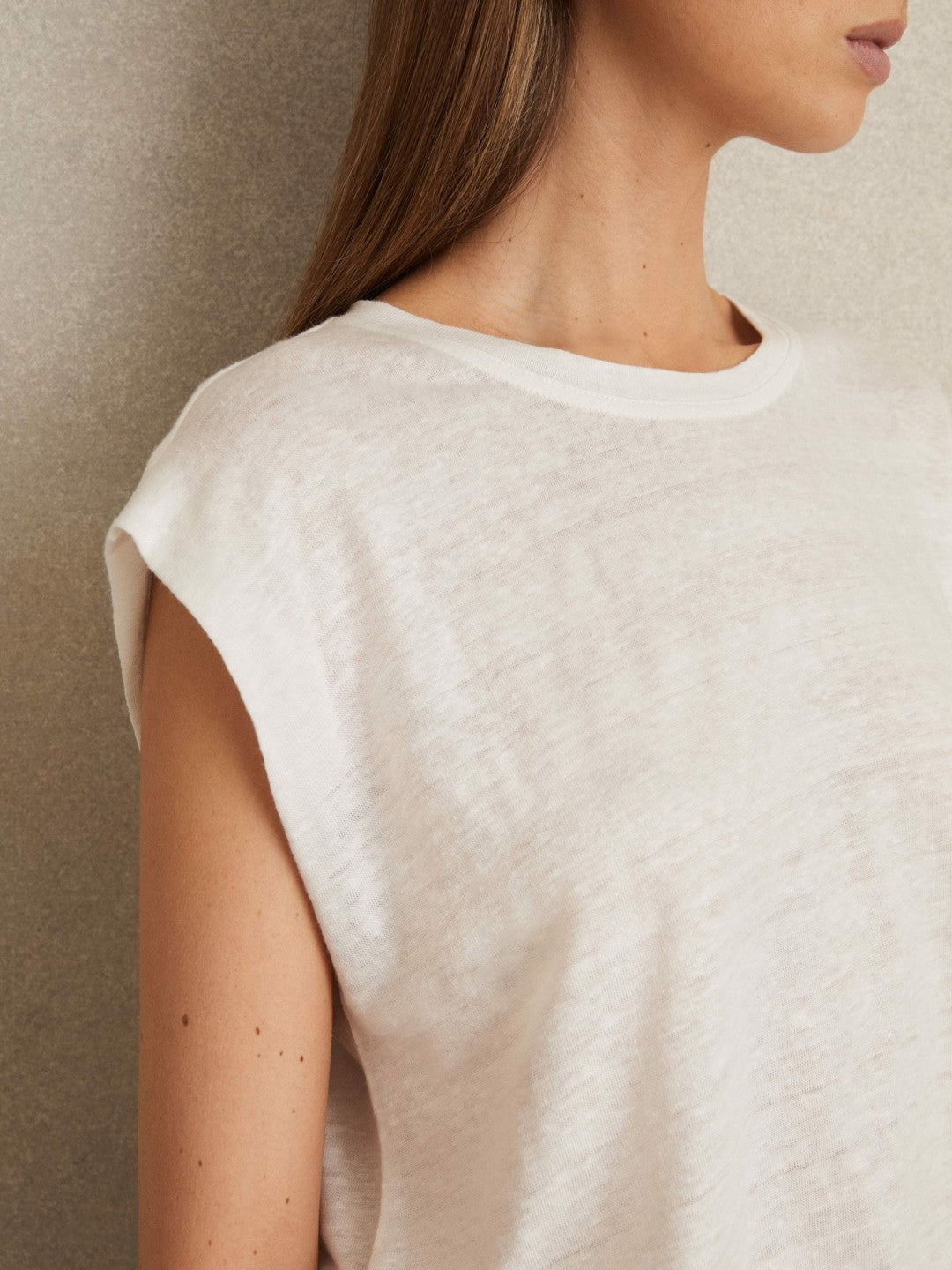Linen Cap-Sleeve T-Shirt in White | Reiss Women Signature
