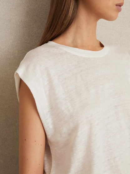 Linen Cap-Sleeve T-Shirt in White | Reiss Women Signature