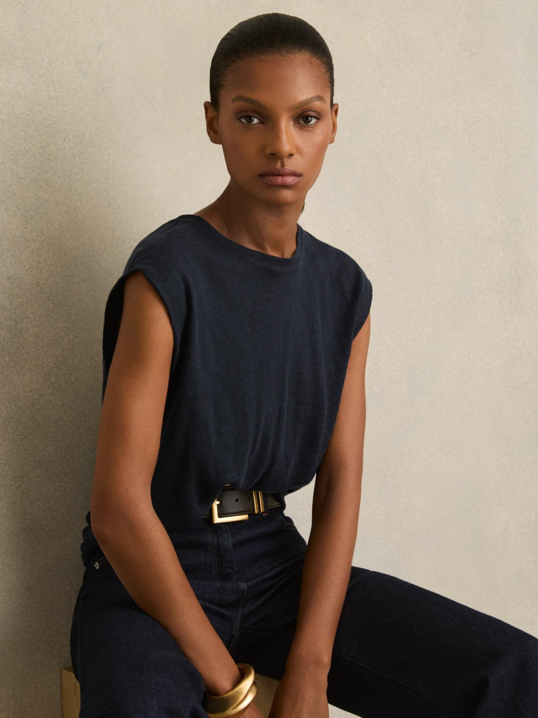 Linen Cap-Sleeve T-Shirt in Navy | Reiss Women Signature