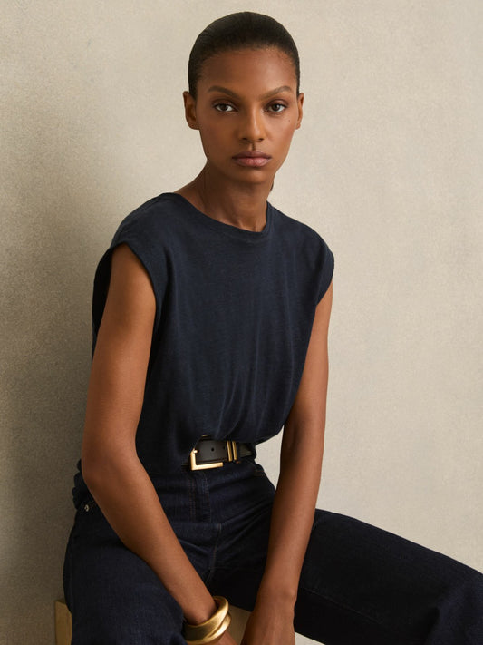 Linen Cap-Sleeve T-Shirt in Navy | Reiss Women Signature