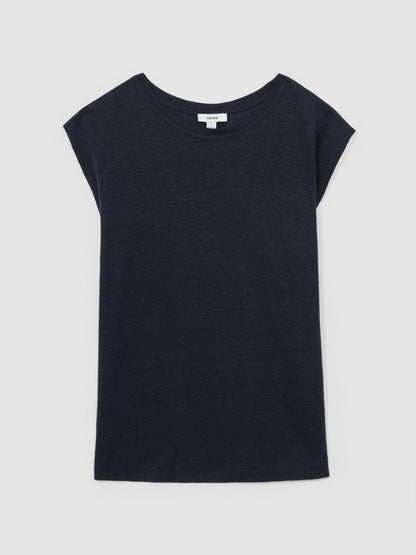 Linen Cap-Sleeve T-Shirt in Navy | Reiss Women Signature