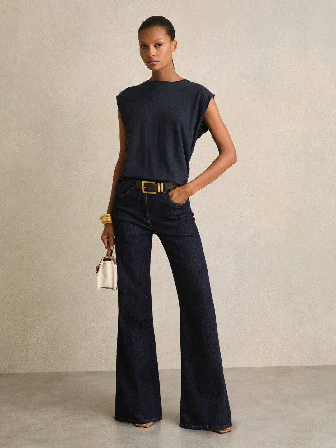 Linen Cap-Sleeve T-Shirt in Navy | Reiss Women Signature
