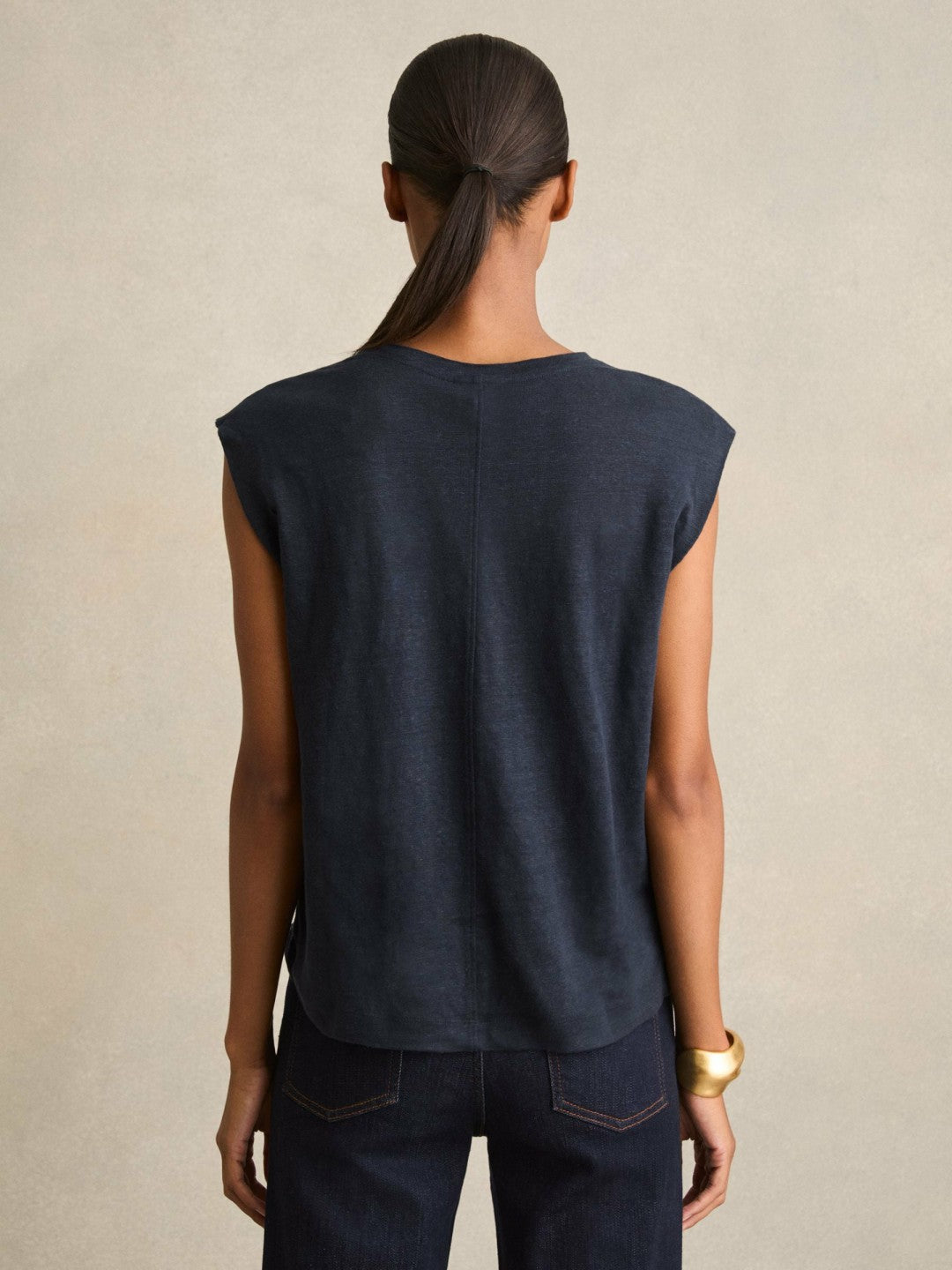 Linen Cap-Sleeve T-Shirt in Navy | Reiss Women Signature
