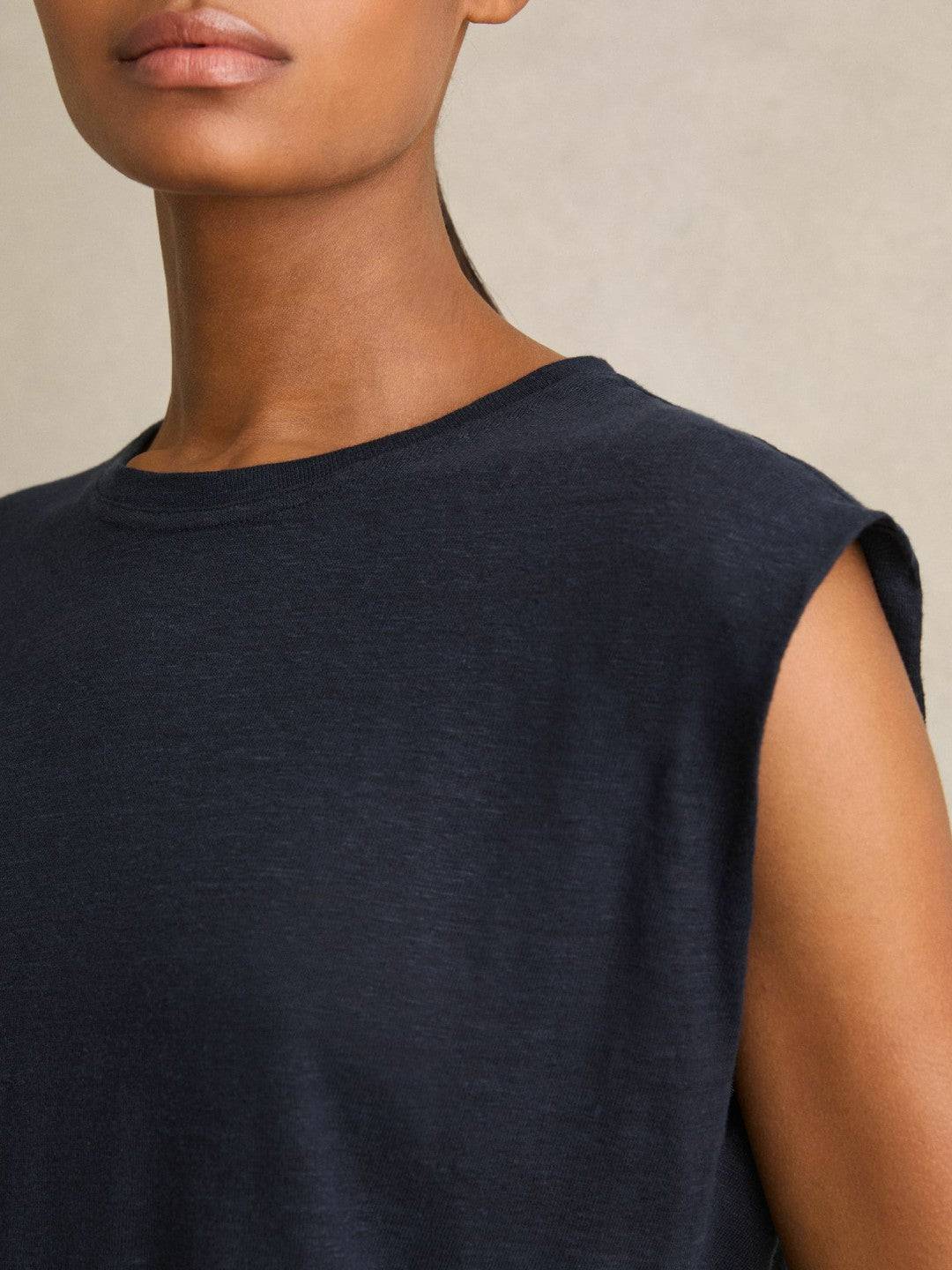 Linen Cap-Sleeve T-Shirt in Navy | Reiss Women Signature