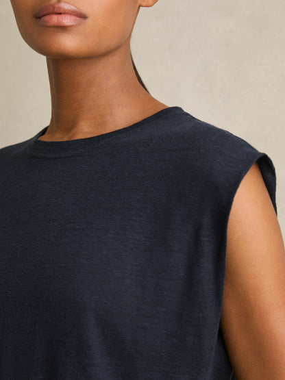 Linen Cap-Sleeve T-Shirt in Navy | Reiss Women Signature