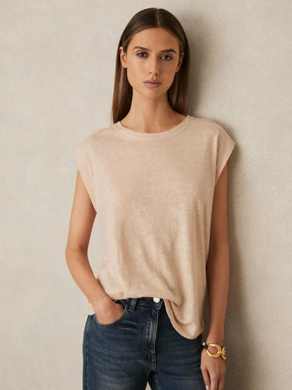 Linen Cap-Sleeve T-Shirt in Peach | Reiss Women Recommended